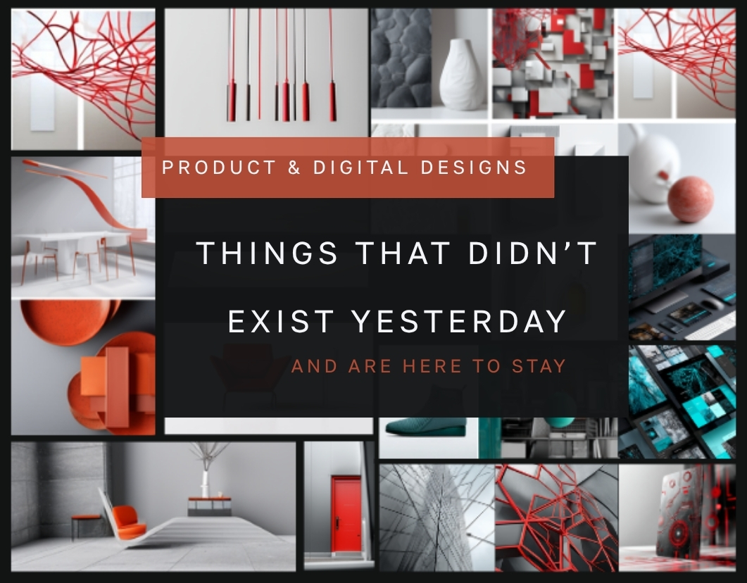 Design protection collage showcasing innovative product designs, digital designs, furniture, and architectural elements with text 'PRODUCT & DIGITAL DESIGN - Things That Didn't Exist Yesterday And Are Here To Stay' for GOLDENBERG IP design registration