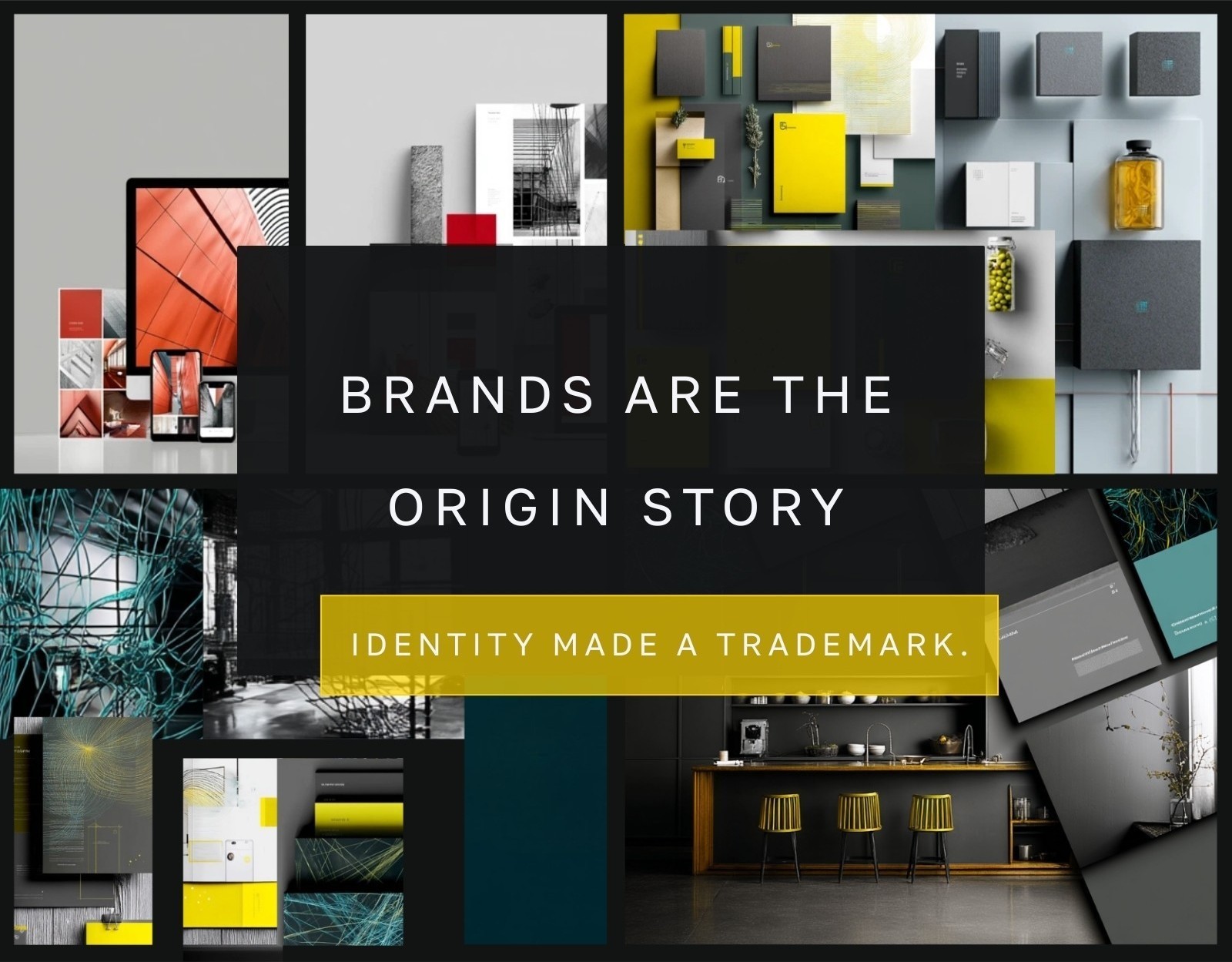 Trademark protection collage featuring brand identity elements, design materials, and modern office spaces with text 'BRANDS ARE THE ORIGIN STORY - Identity Made a Trademark' representing GOLDENBERG IP trademark registration services
